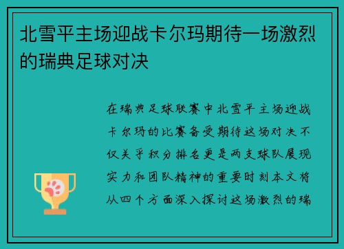 北雪平主场迎战卡尔玛期待一场激烈的瑞典足球对决